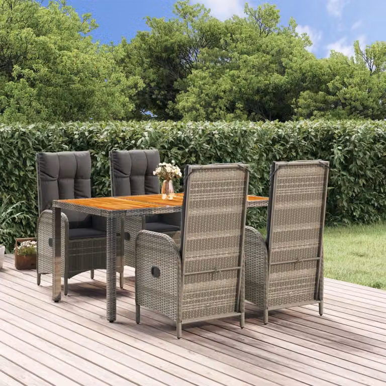 Set da pranzo da giardino vidaXL in polyrattan e legno di acacia con cuscini, 5 pezzi, grigio