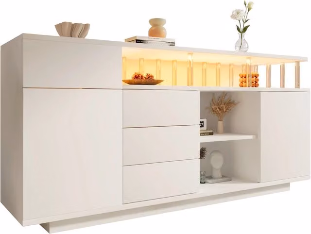 Credenza Chicfurn in legno e MDF con 4 cassetti, 2 ante e ripiani regolabili con illuminazione LED per soggiorno, cucina o ingresso, colore bianco, L: 160 cm, P: 40 cm, H: 75 cm