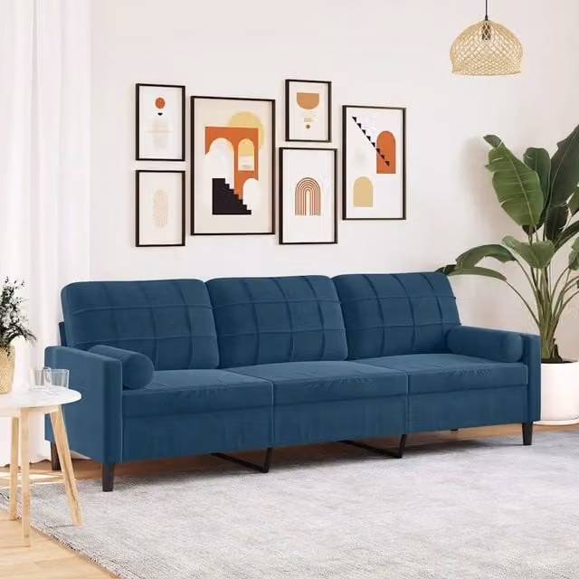 Divano moderno in velluto blu vidaXL con cuscini e coperture rimovibili L: 226 cm, P: 80 cm, H: 77 cm – 1