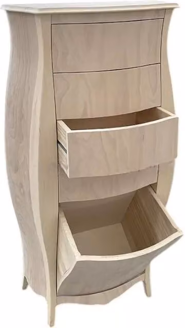 Cassettiera bombata in legno grezzo bianco con 4 cassetti e ribalta Mobili 2G L: 73 cm, P: 37 cm, H: 141 cm – 4