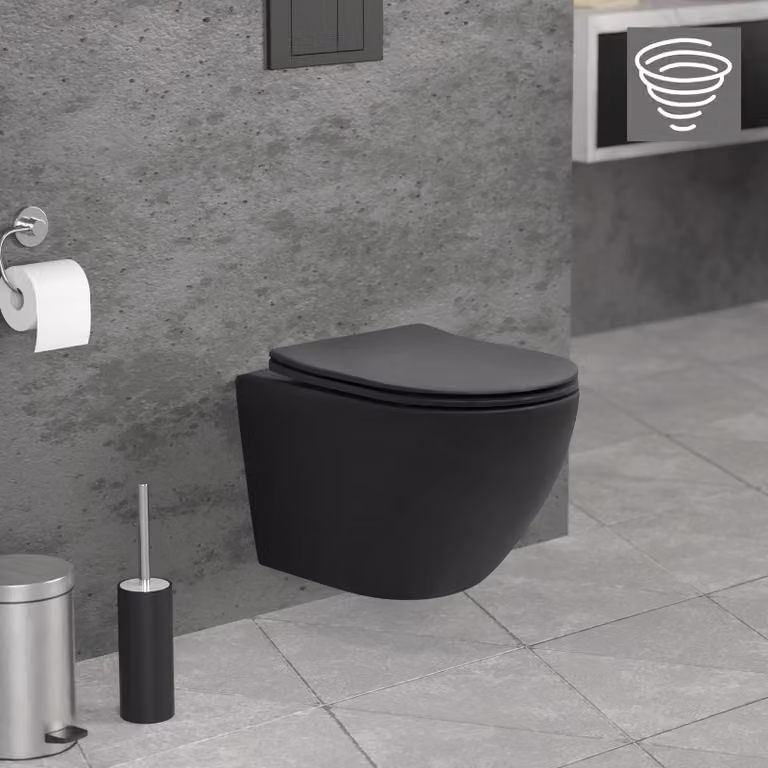 LuxeBath WC sospeso senza bordo, nero, corto, a filo tornado
