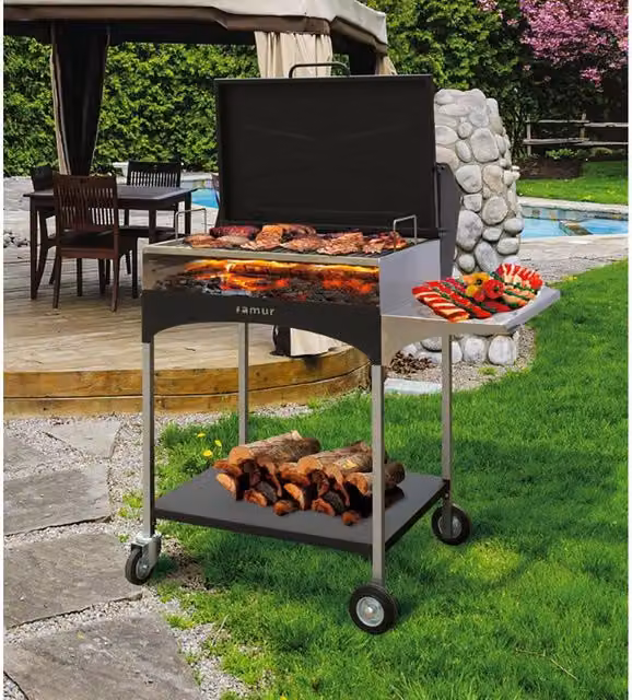 Barbecue a Legna Famur BK 8 Elite Nero con Griglia in Acciaio Inox e Supporto in Legno L: 117,0 cm, P: 75,5 cm, H: 109,0 cm