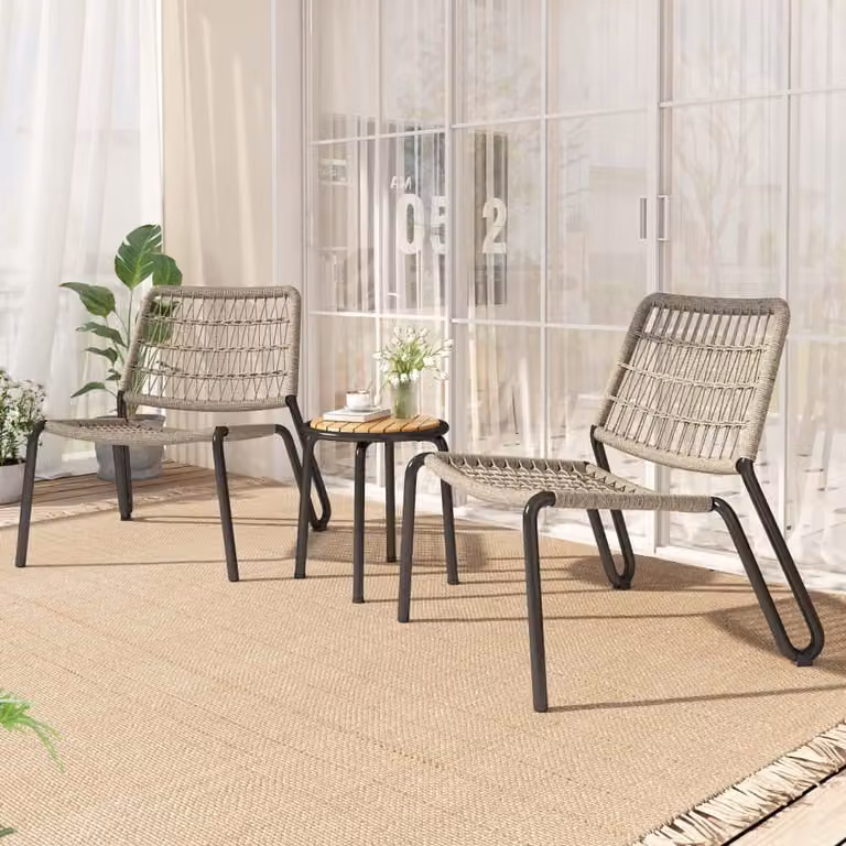 AIORBER Set bistrot 3 pezzi, set di mobili da balcone, in acciaio zincato, corda intrecciata a mano, piano del tavolo in legno d'acacia, per terrazza, 81x73,5x71,5cm, beige