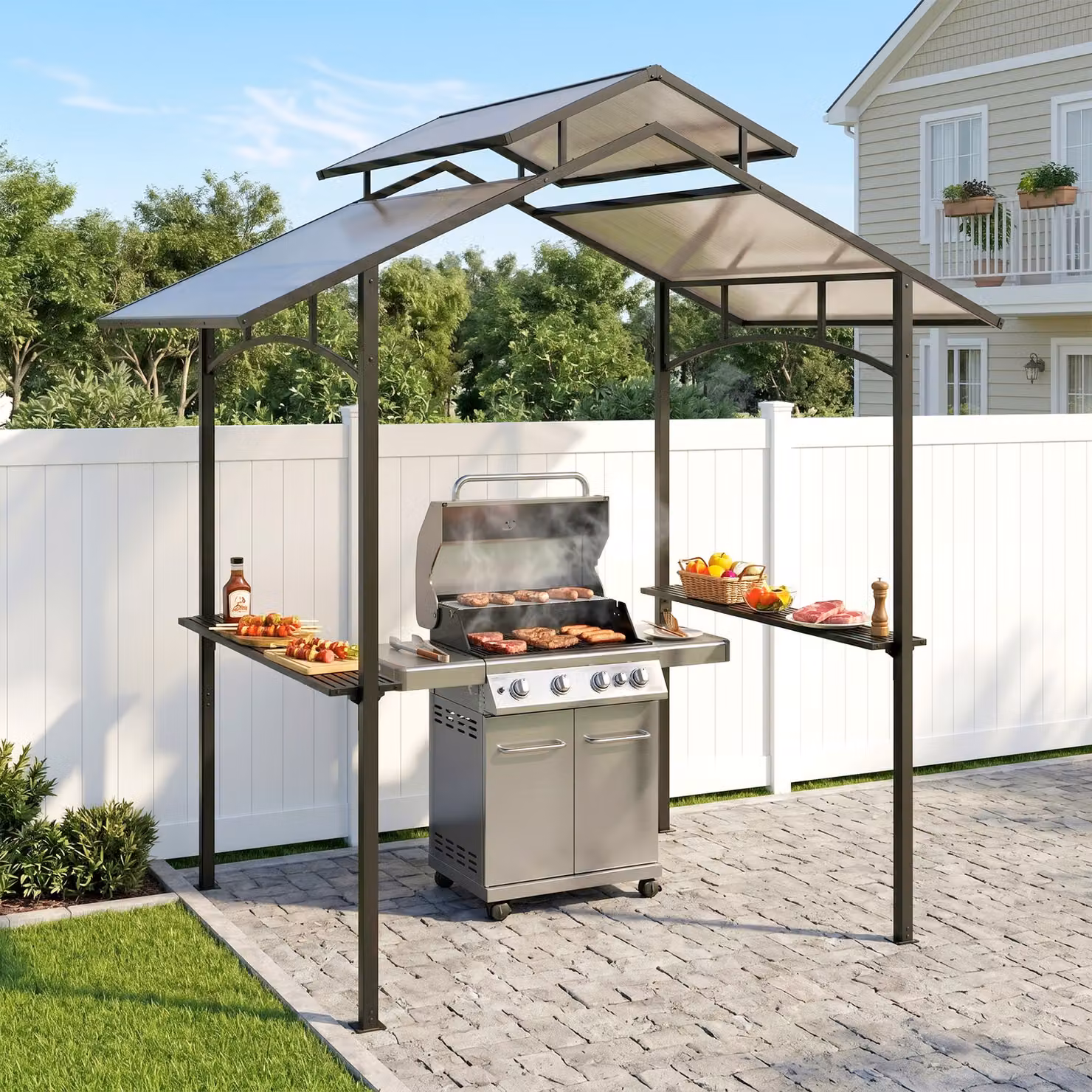 Gazebo da giardino Outsunny per barbecue con doppio tetto, struttura in acciaio e mensole, Nero, L 240 x P 150 x H 250 cm – 2