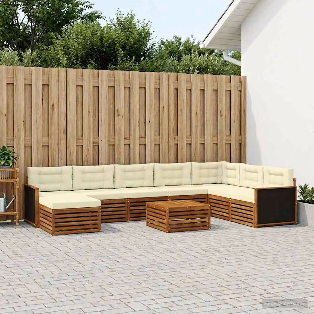 vidaXL Set di divani da esterno a L in legno di acacia con tavolino e pouf, 9 pezzi, Marrone e Beige