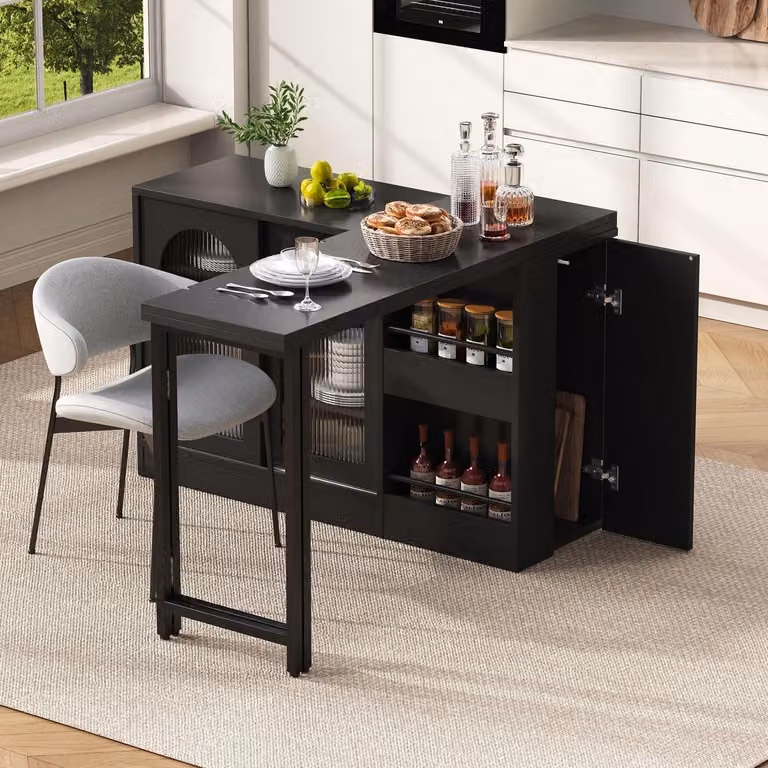Tavolino bar allungabile con piano girevole a 360°, mobile contenitore con anta in vetro, dimensioni 121,5 x 40 x 76,7 cm, colore nero
