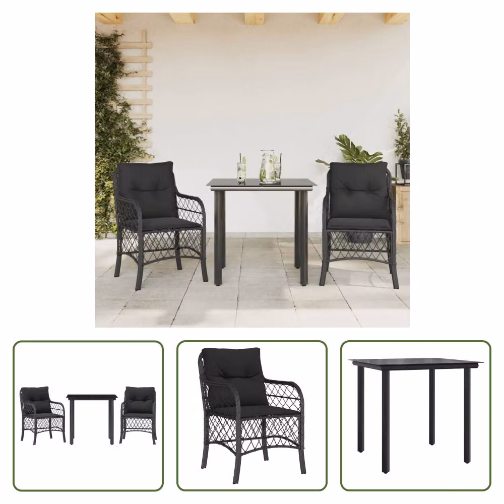 The Living Store Set bistrot 3 pezzi con cuscini in poly rattan nero