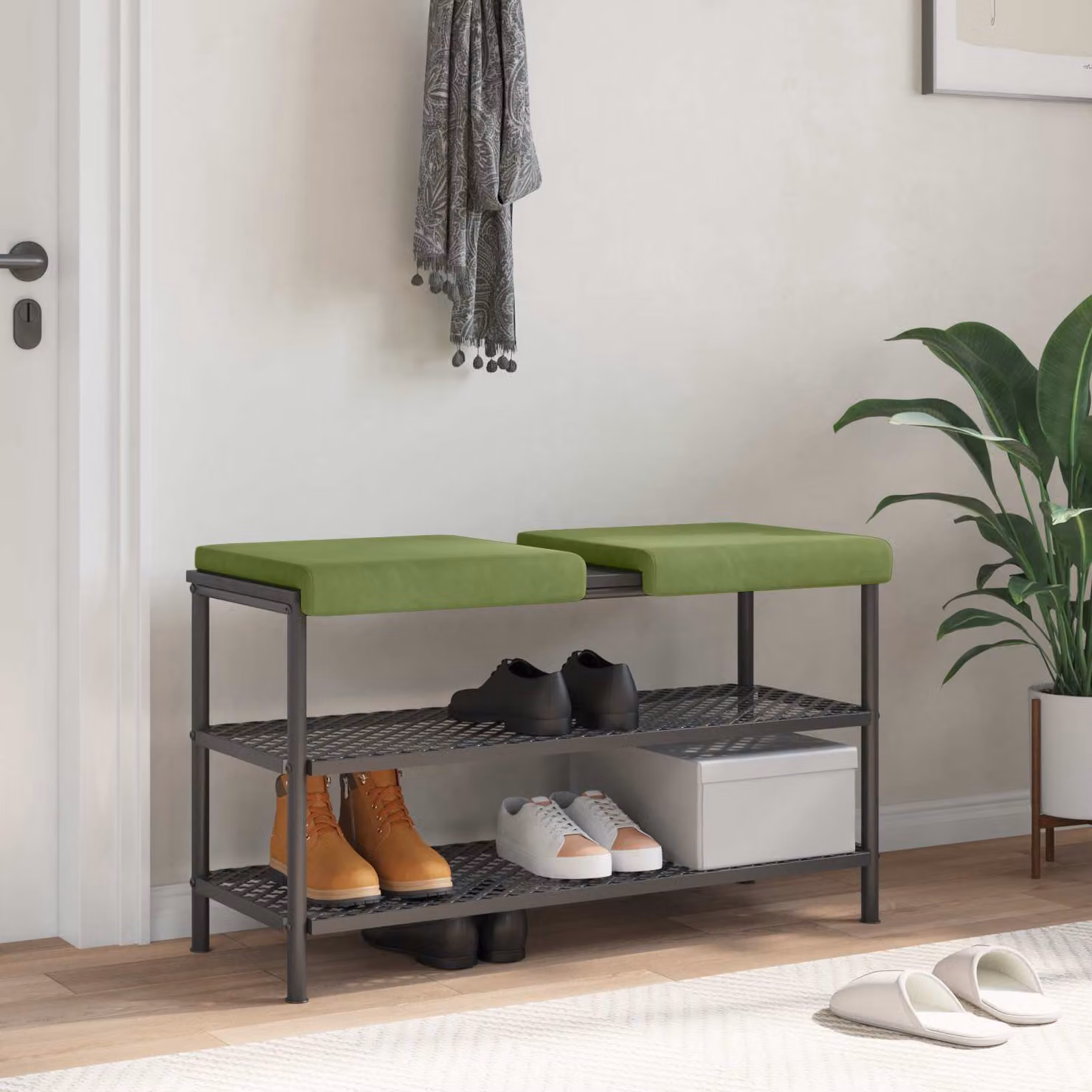 Set di 2 cuscini per panchina vidaXL in velluto verde chiaro con base antiscivolo e imbottitura in schiuma, L 40 cm x P 35 cm x H 3,5 cm