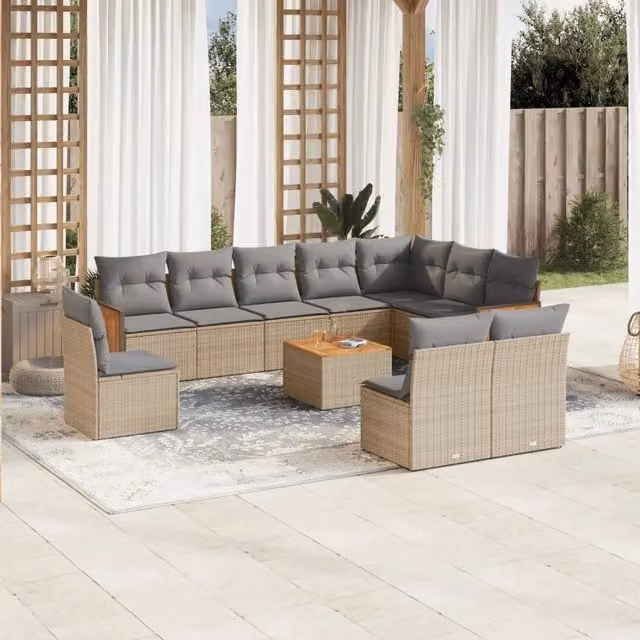 Set di divani da giardino VIDAXL in polyrattan con cuscini beige, composizione a L da 11 pezzi