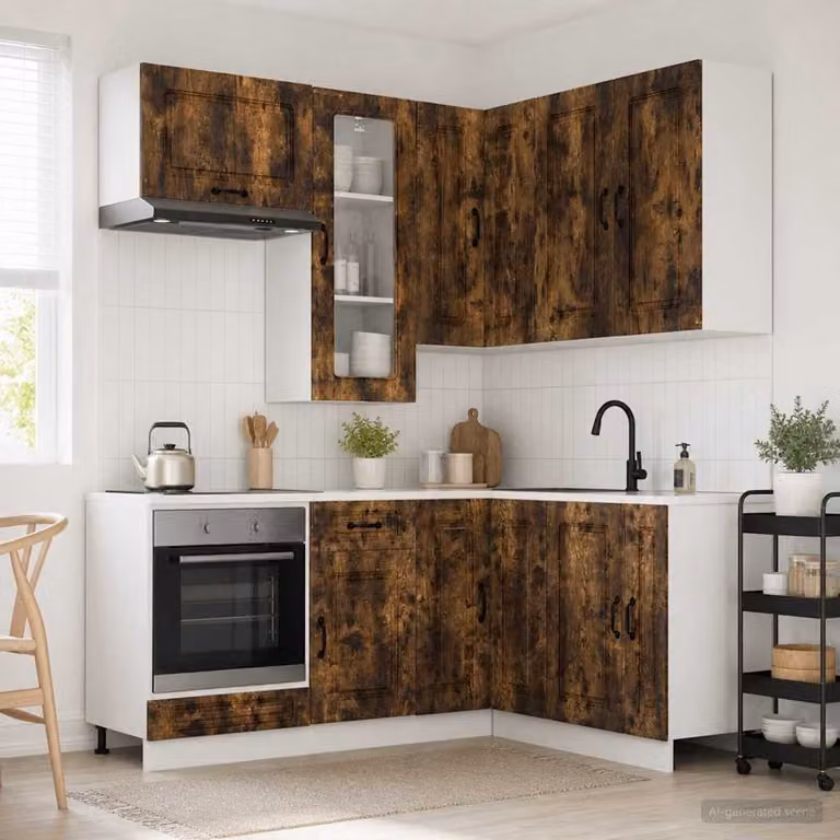 Unità cucina moderna vidaXL KALMAR composta da 8 pezzi in legno ingegnerizzato color rovere fumo con ante in vetro