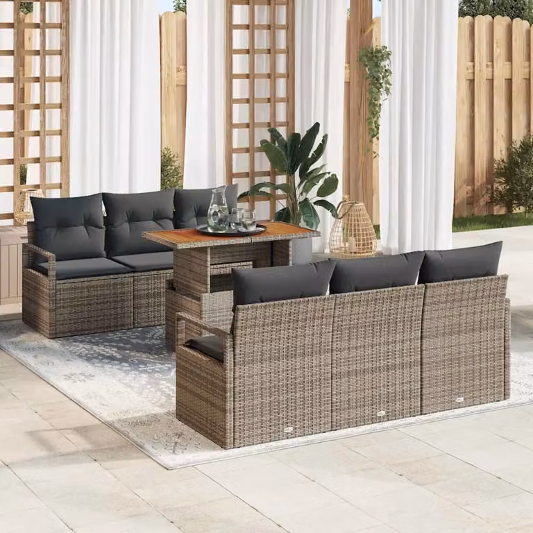Set Divano da Giardino vidaXL 7 Pezzi Grigio con Cuscini e Tavolino in Rattan e Metallo