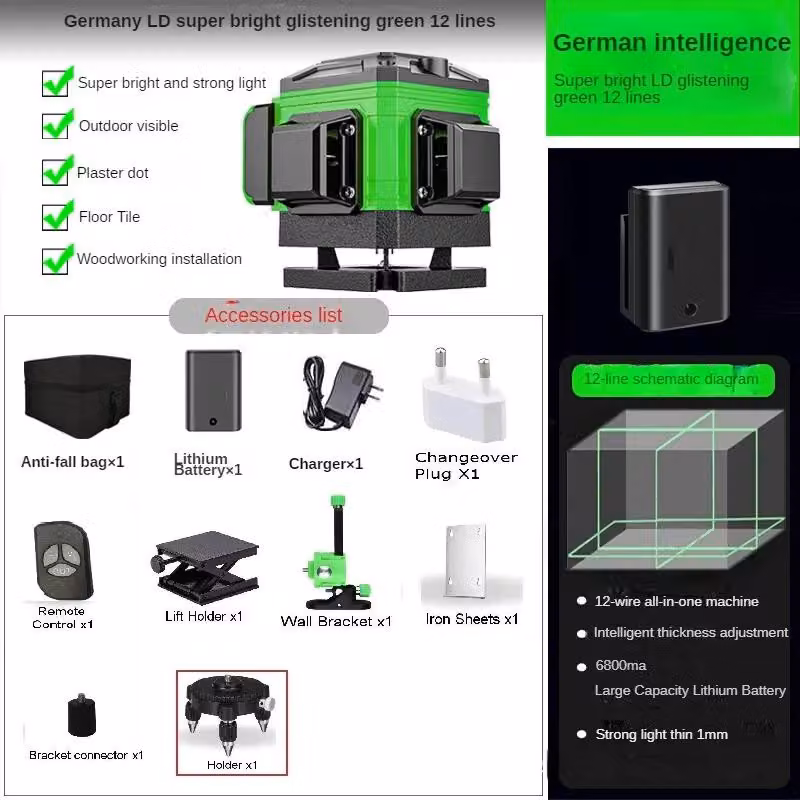 Livella laser - Livella laser verde a 12 linee - Autolivellante - Linee laser orizzontali e verticali a 360° - Base di prolunga triangolare - Batteria inclusa