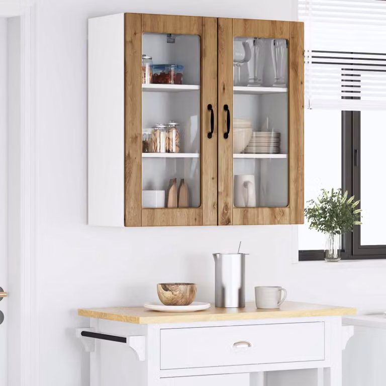 Set di 2 mobili da parete LUCCA vidaXL in Rovere Artigianale con ante in vetro e ripiani interni, L/P/H: 80 x 31 x 40 cm