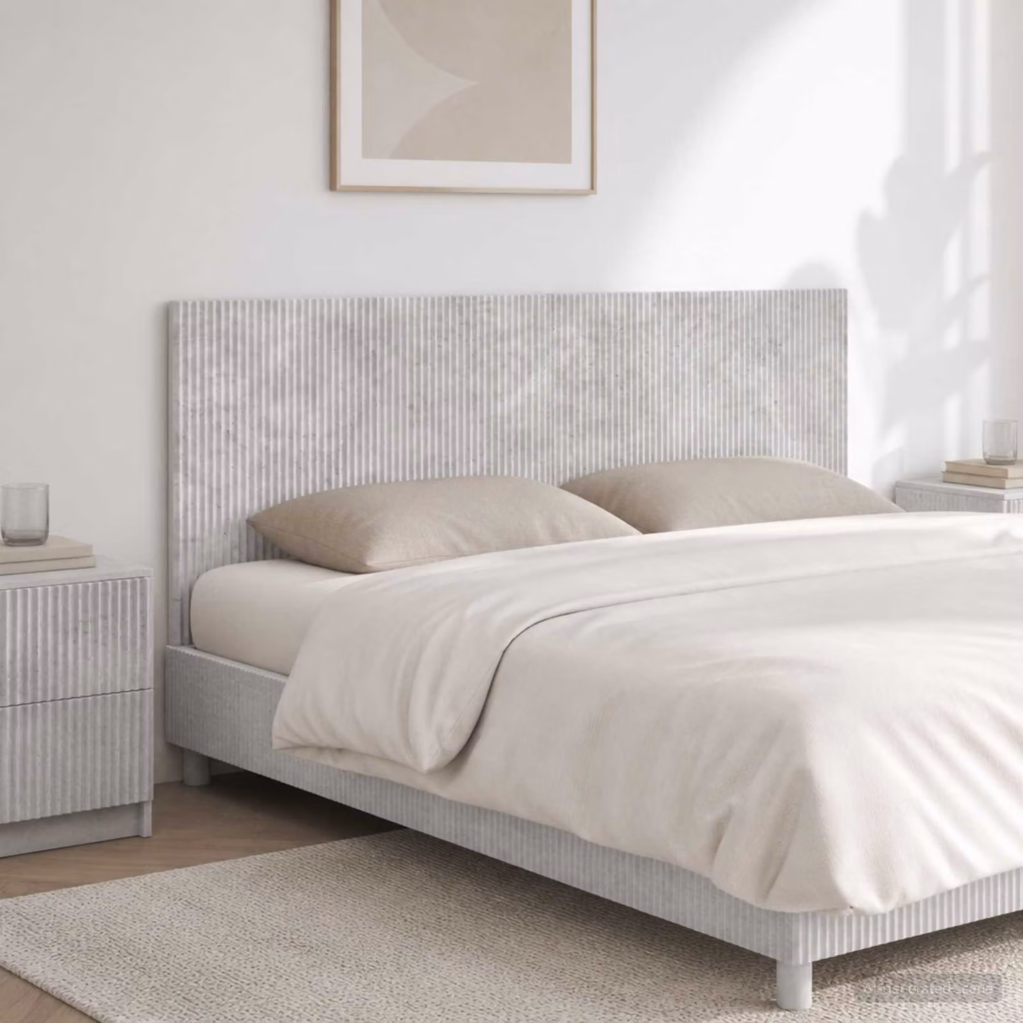 Testiera da muro vidaXL ARNHEM in legno ingegnerizzato e tessuto, Grigio, L: 160 cm, H: 50 cm, P: 13,4 cm