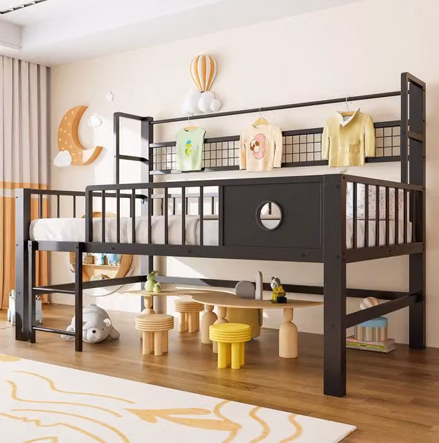 Letto a soppalco basso per bambini 90x200 cm con struttura metallica nera e spazio portaoggetti