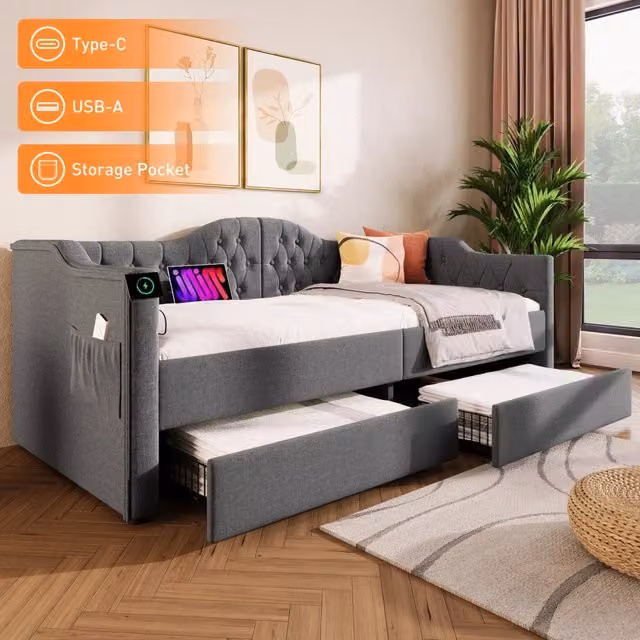 Letto giorno funzione ricarica usb tipo c in lino grigio 90x190 cm