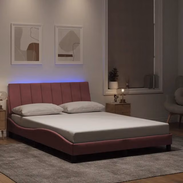 Letto Hanko vidaXL in Velluto Rosa con Illuminazione LED e Porta USB, L/P/H: 140 x 200 x 74,5 cm – 1