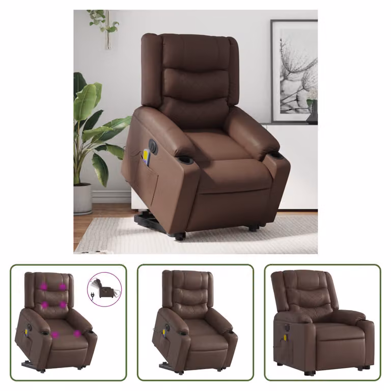 The Living Store Sedia massaggiante con supporto in piedi elettrica in ecopelle marrone