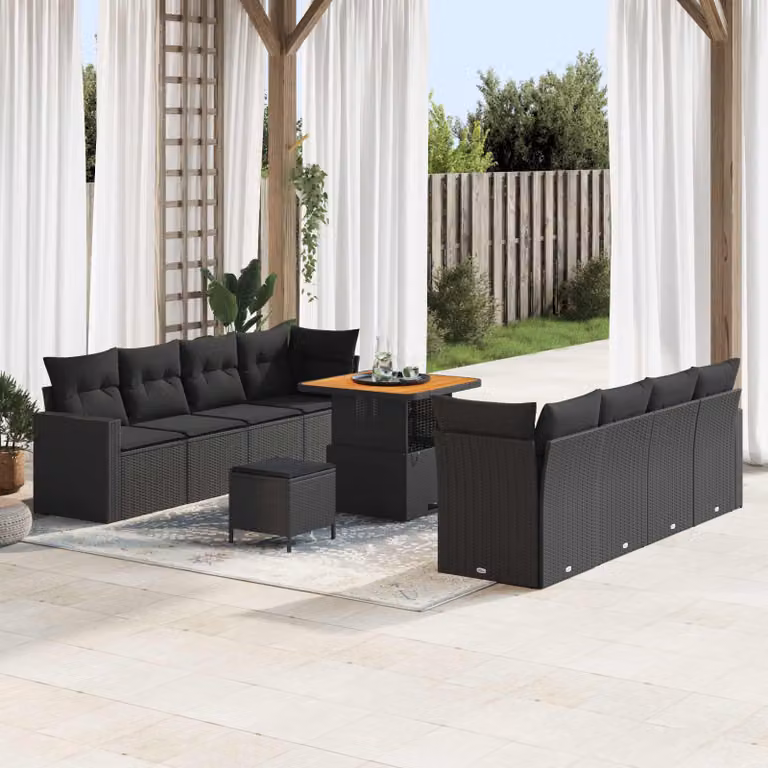 Set da giardino vidaXL da 12 posti in rattan nero con cuscini e tavolino da esterno