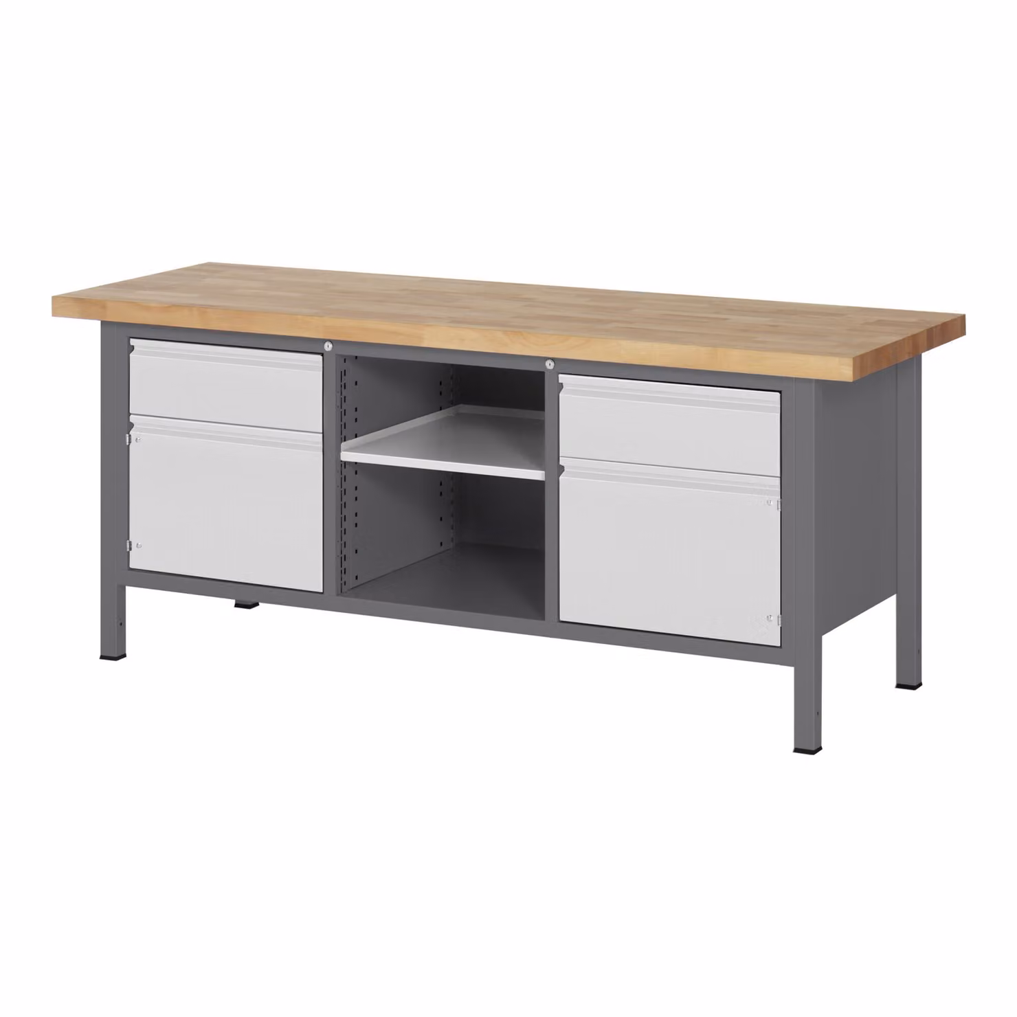 STIER Banco da lavoro regolabile in altezza Premium, 2 cassetti, 2 ante e ripiano, 200x70x84-104 cm, acciaio e faggio