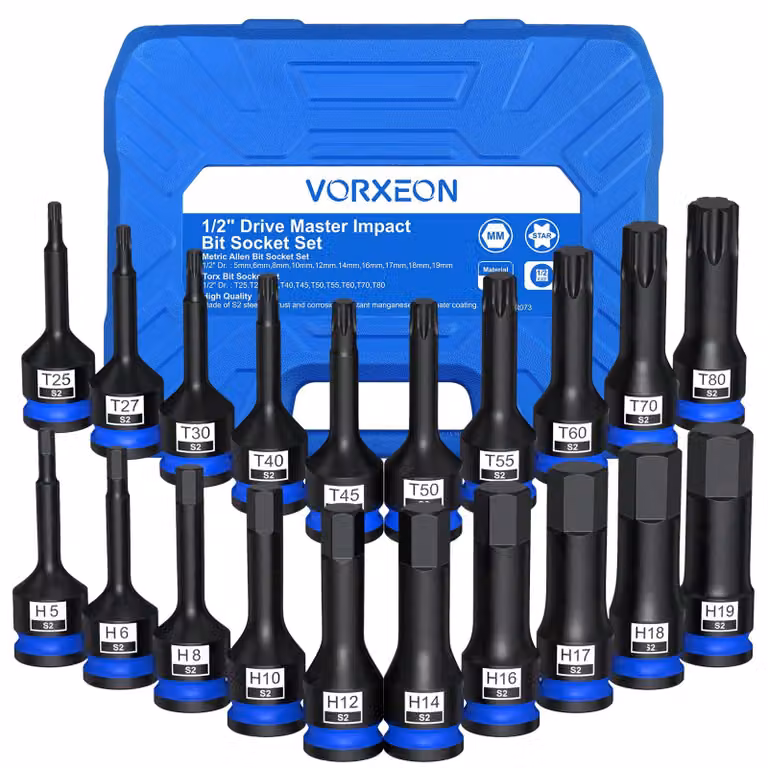 Set di 20 punte per avvitatore a percussione, acciaio S2, attacco 1/2", da 5 a 19 mm, da T25 a T80