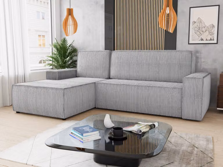 Divano angolare Totti L con funzione letto e contenitore - Tessuto cord - Divano a L, divano imbottito, divano letto, set divani (grigio (Poso 110) Lato: sinistro)