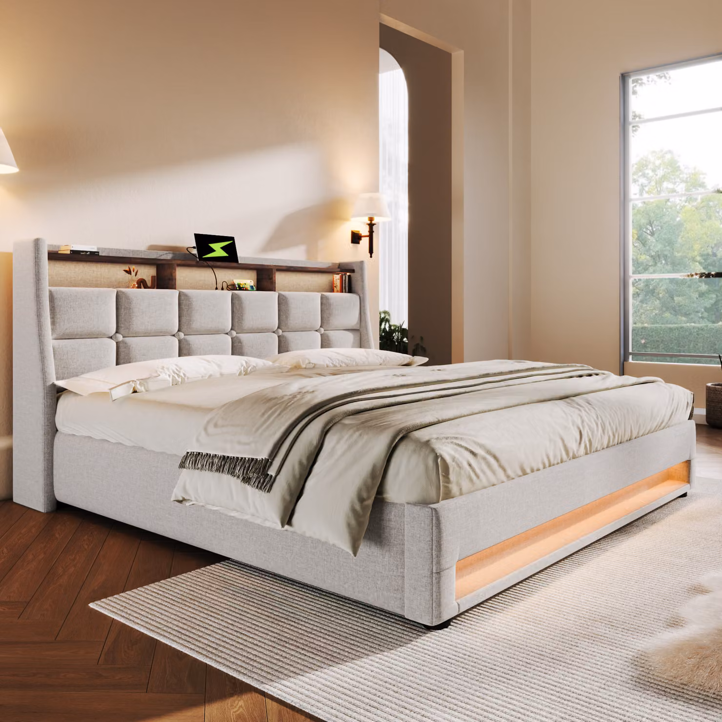 MODFU letto a sacco imbottito 140x200cm, box letto matrimoniale idraulico con luce LED e USB (senza materasso), beige