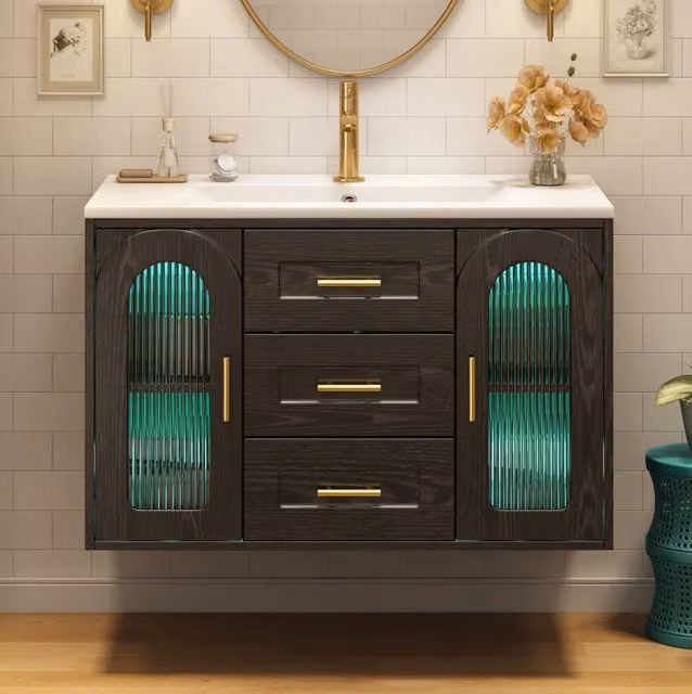 Mobile bagno sospesa 76 cm con lavabo in ceramica nero effetto legno, porta in vetro scanalata e illuminazione LED