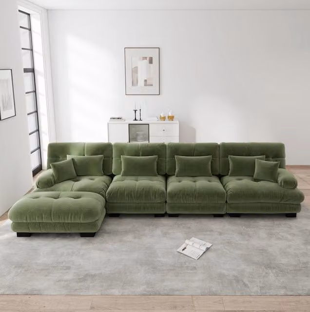 Divano modulare angolare 406x145x81 cm in ciniglia con ottomani mobili; verde