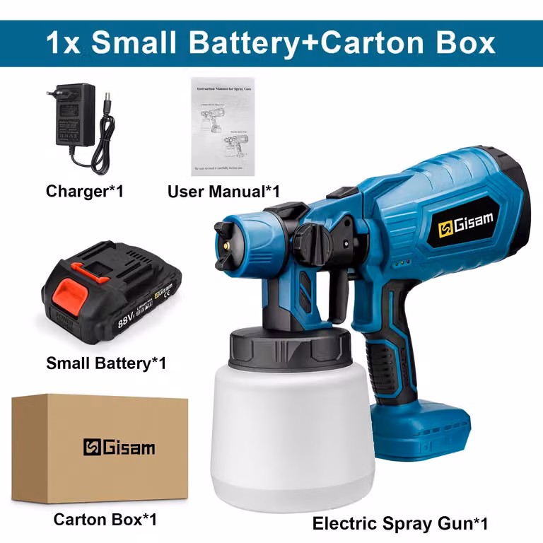 Pistola a spruzzo per vernici Akku - Spruzzatore per vernici HVLP a 18V - Serbatoio da 1000 ml - Ugello da 1,8 mm - Con 1 batteria - Spina EU - Colore blu