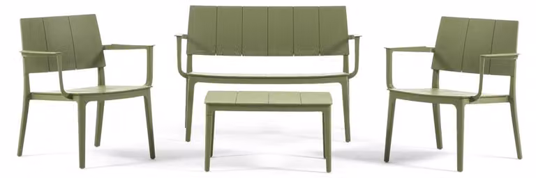 Set da giardino composto da divano a due posti, 2 poltrone e tavolino in polipropilene impilabile rinforzato con fibra di vetro, robusto, per terrazza, balcone, veranda, esterni - Merano - Verde