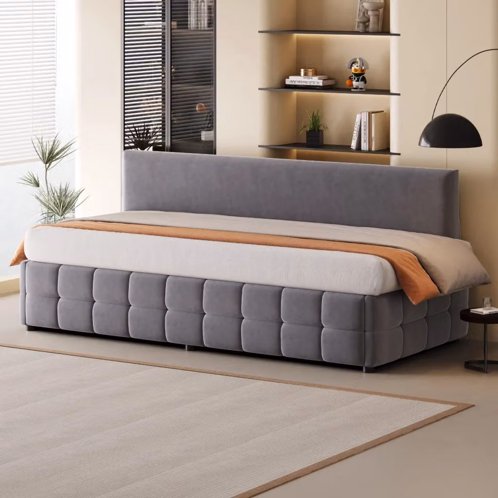 Letto divano singolo OKWISH in velluto grigio con contenitore idraulico, L/P/H: 200 x 90 x 78 cm – 2