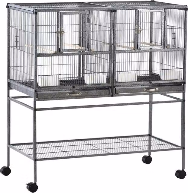 Voliera Doppia Gabbia per Uccelli GIORDANOSHOP in Metallo con Ruote Grigia e Nera L: 95 cm, P: 45,5 cm, H: 102 cm