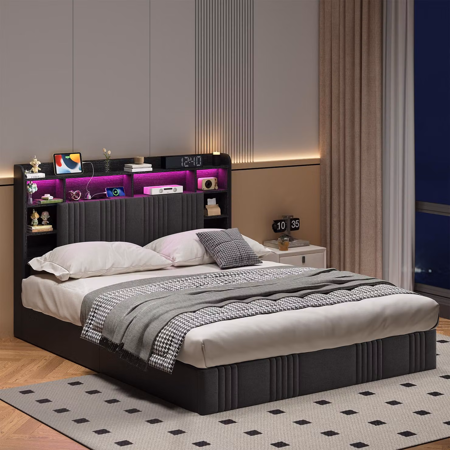 Letto imbottito UnboxG 140x200 cm con contenitore e rete a doghe, cassettiera idraulica, testiera con LED, stazione di ricarica con 2 prese, USB e USB-C, letto matrimoniale in lino, color grigio scuro
