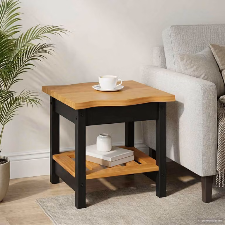 vidaXL Tavolo laterale EKAI in legno di pino nero con scaffale, L/P/H: 50 x 50 x 45,5 cm
