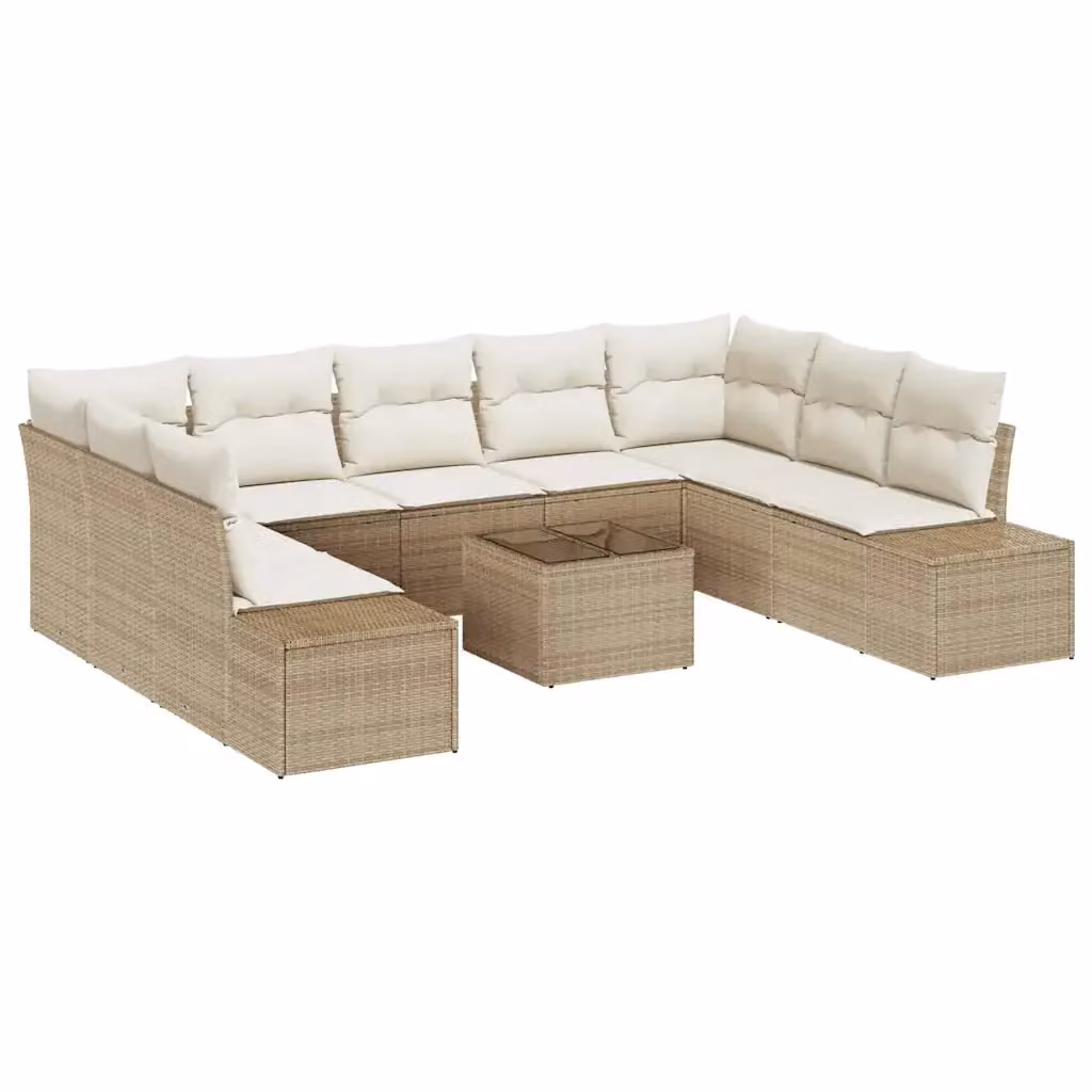 Set Divano da Giardino vidaXL 10 Pezzi a Forma di U Beige con Cuscini e Tavolino in Polyrattan e Metallo – 2