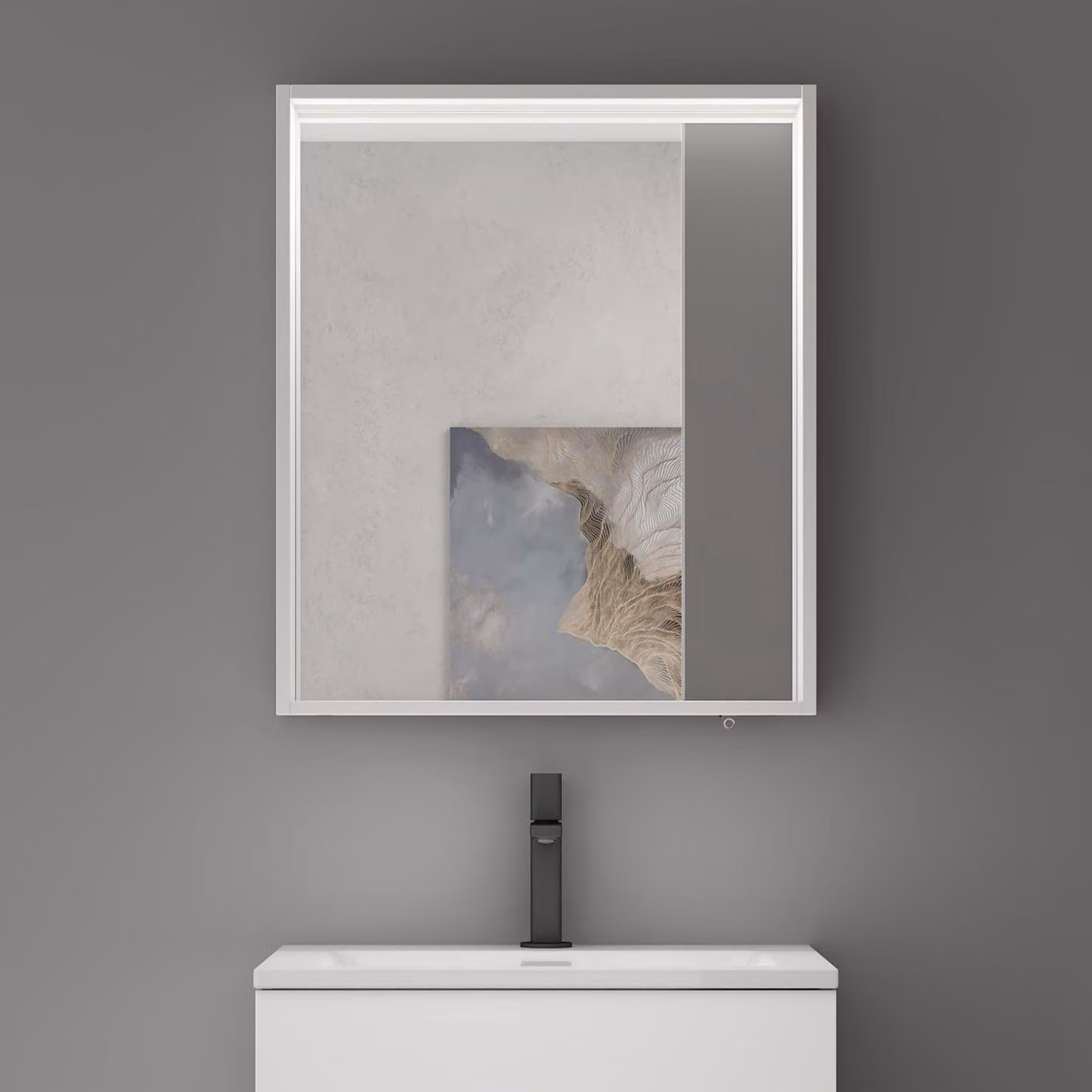 doporro Armadietto a Specchio con Luce 60x12x70cm, Specchio da Parete con Luce LED e Ripiano in Legno Bianco opaco Spiegelschrank-01