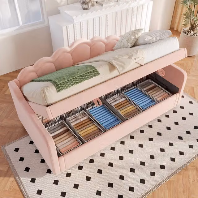 Letto contenitore singolo Chicfurn in velluto rosa con illuminazione LED e vano portaoggetti, L/P/H: 90 x 200 x 120 cm