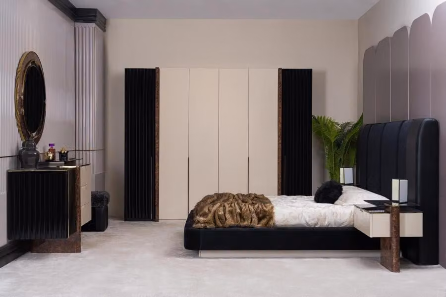 Set camera da letto estetico (letto + 2 comodini + armadio + cassettiera con specchio).