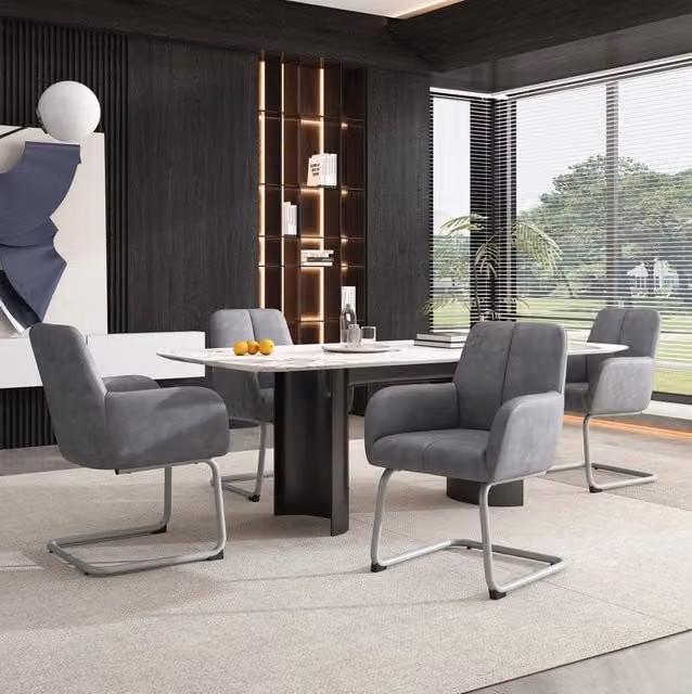 Set di 4 sedie da pranzo con braccioli integrati; rivestimento in pelle; grigio