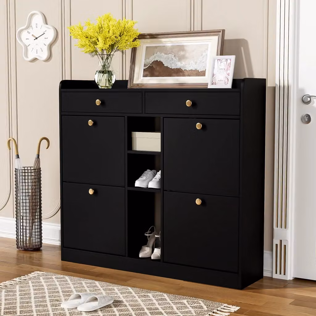 Scarpiera per ingresso con 4 ante a ribalta, 2 cassetti e 3 vani aperti, in MDF nero opaco, L: 110 cm, P: 26 cm, H: 100 cm – 2