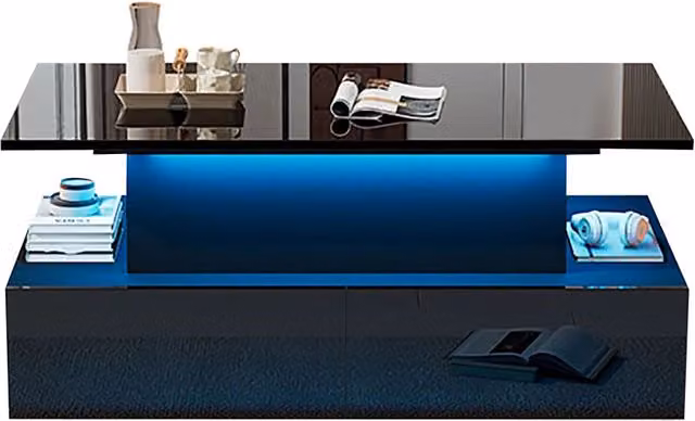 Tavolo basso moderno REDOM nero lucido con LED e meccanismo di sollevamento L/P/H: 90 x 55 x 41 cm – 1