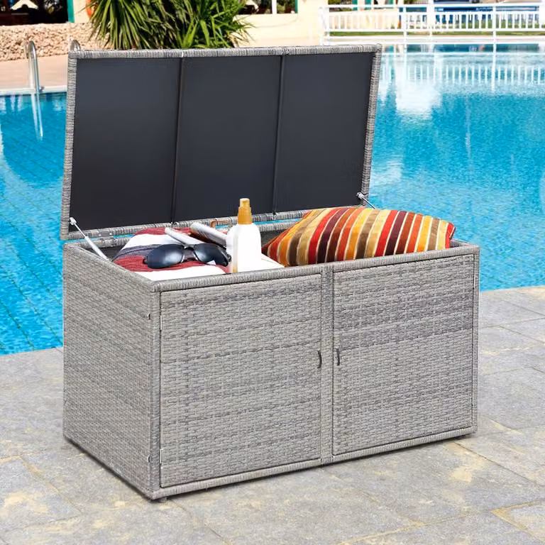 Contenitore da 330 litri con coperchio e doppia anta, contenitore da giardino in rattan con 2 ripiani, contenitore portaoggetti, contenitore per cuscini per giardino anteriore e cortile (grigio)