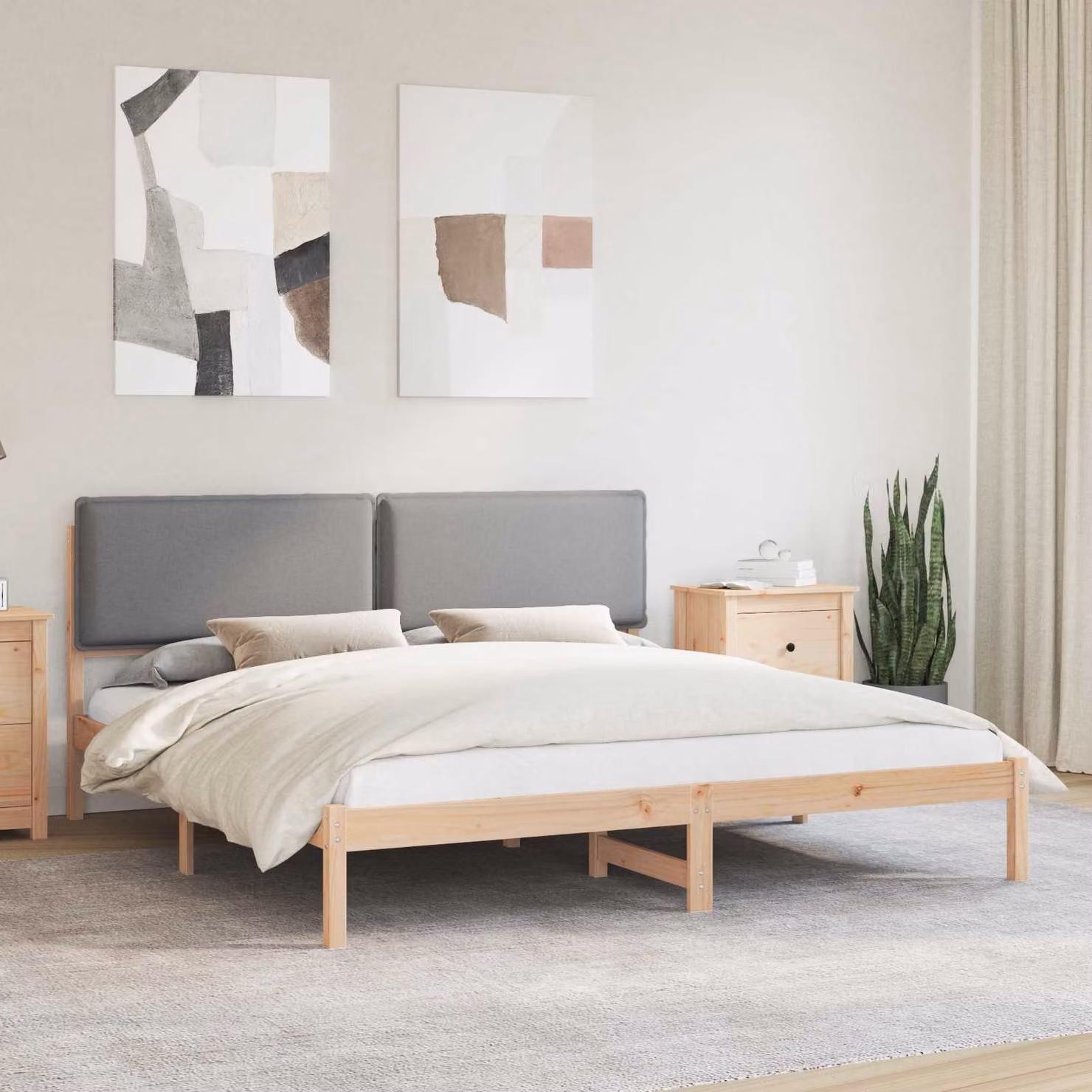 Letto moderno vidaXL con testiera rivestita in tessuto e struttura in legno di pino, Grigio, L: 180 cm, P: 200 cm, H: 84,5 cm – 1