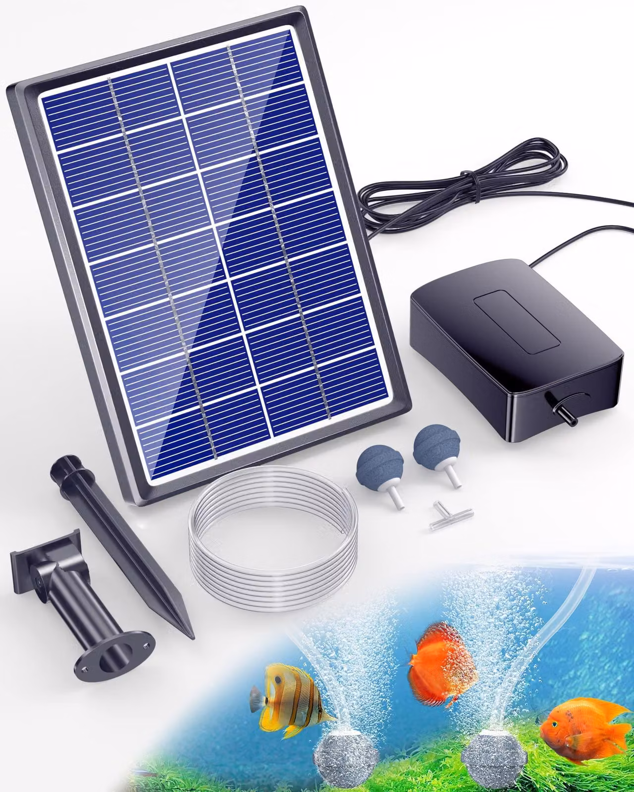 Aeratore solare per stagni - 3,5 W con batteria integrata - Batteria da 2200 mAh - Resistente all'acqua, grado di protezione IPX5