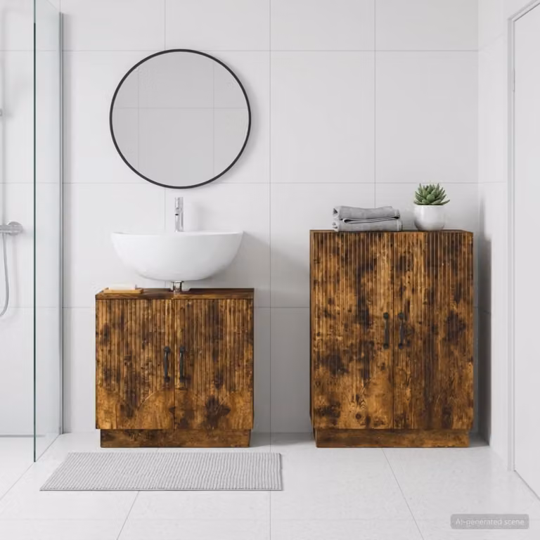 Set di mobili da bagno vidaXL HOORN composto da 2 pezzi in legno color rovere fumo marrone con base e mobile laterale moderno