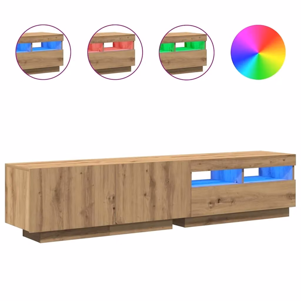 Mobile porta TV moderno HELLOSHOP26 con luci LED integrate e ampio vano contenitore in finitura rovere marrone L 180 x P 35 x H 40 cm – 2