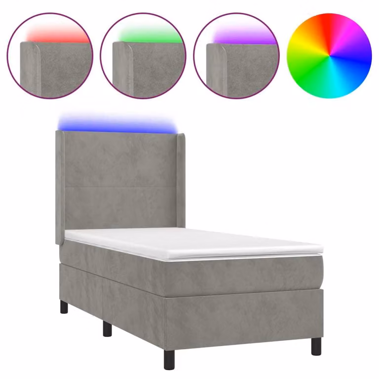Letto a Molle Materasso e LED Grigio Chiaro 90x200 cm Velluto