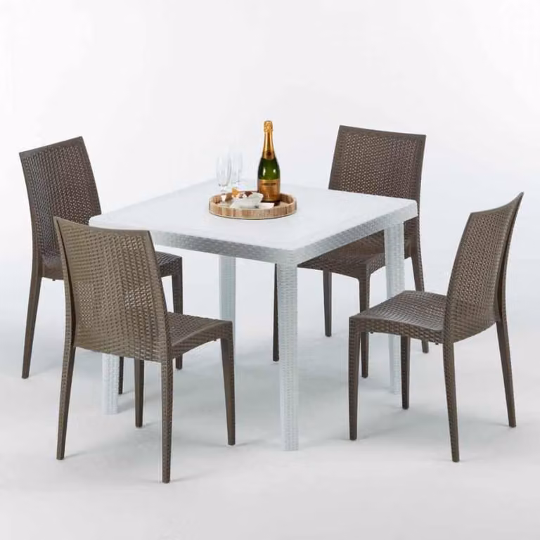 Tavolo quadrato bianco e 4 sedie in polipropilene colorato Set di bastoni per esterni Grand Soleil Bistrot Love - Brown