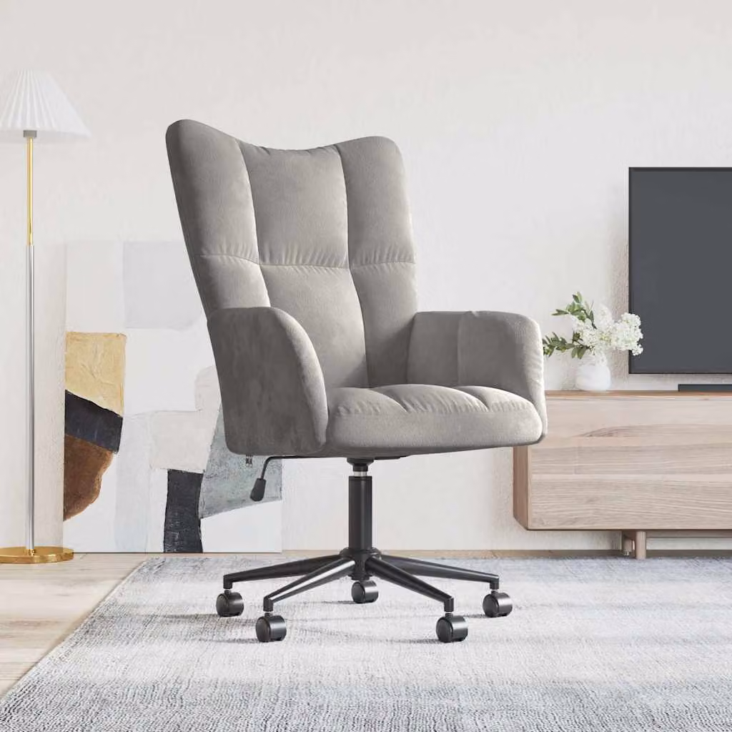 Sedia Relax moderna vidaXL in velluto grigio chiaro con rotelle e braccioli, girevole a 360 gradi per ufficio o soggiorno